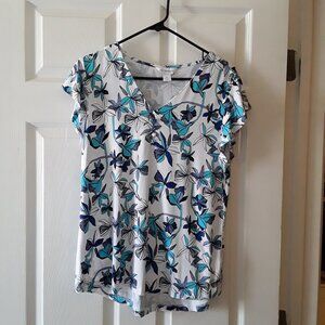 EUC Liz Claiborne Floral Print V-Neck Short Sleeve Blouse Size Med